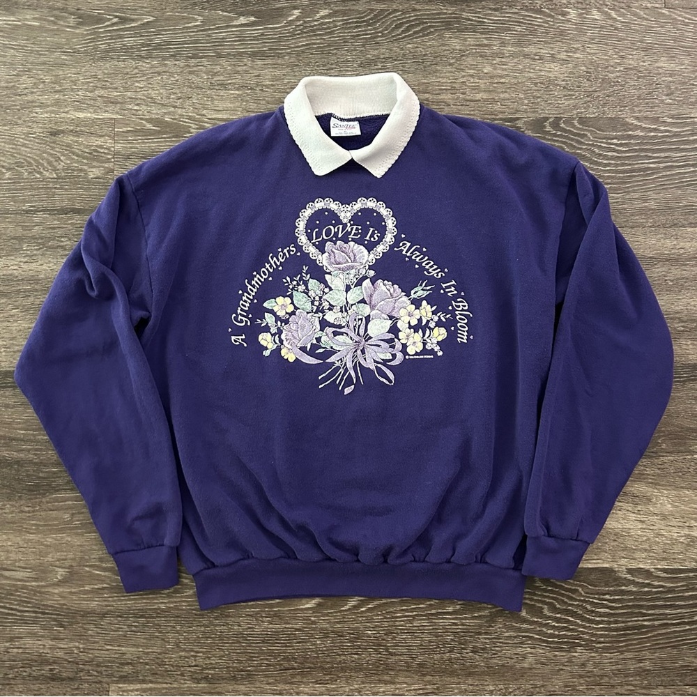 Vintage Santee by Pluma Grandma Sweatshirt Womens XL Purple Collared 90s Flowers